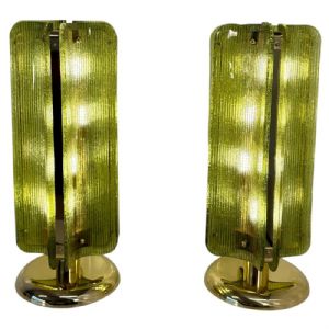 Coppia di lampade da tavolo in vetro verde di Murano e ottone